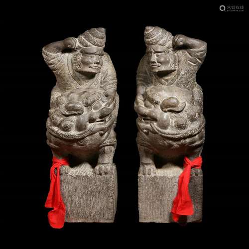 Pair of Carved Stone Lion and Figurine