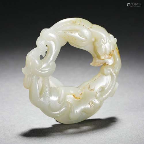 Carved White Jade Dragon and Phoenix Pendant