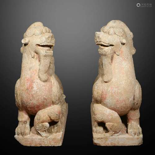 Pair of Carved Stone Beast-Form Lamp