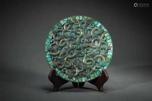 Turquoise, Silver and Gold Inlaying Bronze Mirror