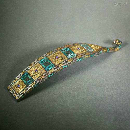 Turquoise and Gold, Silver Inlaying Bronze Belt Hook with Sc...