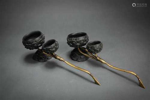 Pair of Carved Wood Flower-Petal Hair Pins