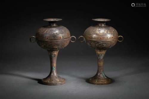 Pair of Bronze Stem Dou Vessels