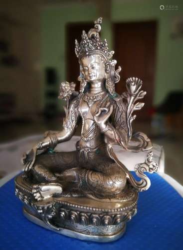 Tibetan silver Bronze Green Tara God Kwan-yin Buddha Avaloki...