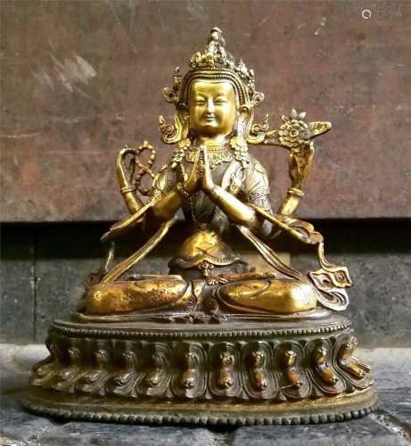Old Rare Four-armed Avalokitesvara Tibet Bronze Kwan-yin Bud...