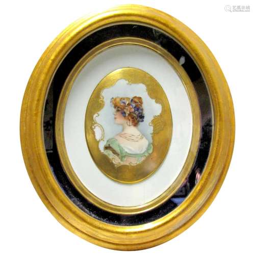 Victorian Hand Painted Porcelain Plaque in Gold Gilt Frame