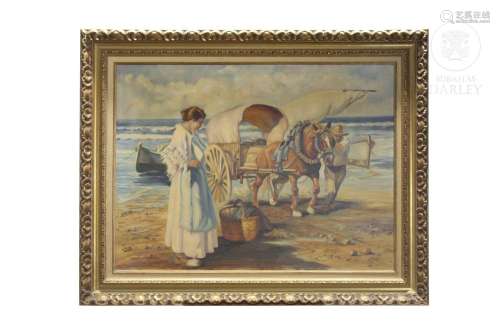 Gil Más (20th century) "Fishermen on the beach"