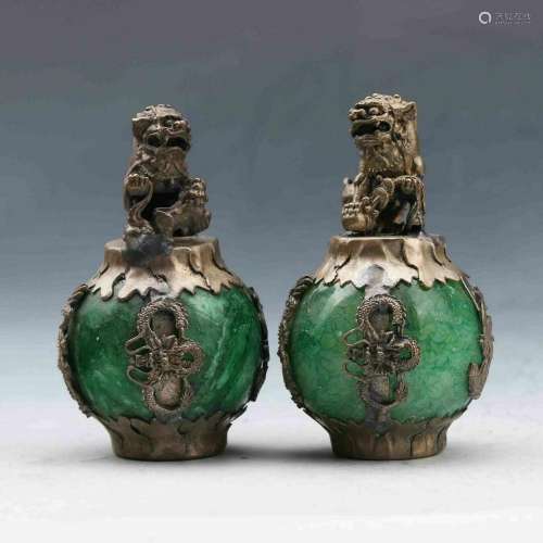 EXQUISITE CHINESE SILVER DRAGON INLAID GREEN JADE HAND CARVE...