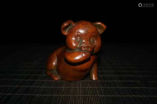 Chinese Natural Boxwood Hand carved pig Statu 80035