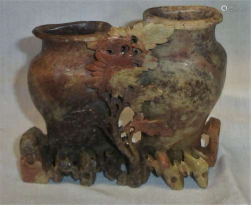 Antique Double Vase Soapstone Hand Carving Flowers