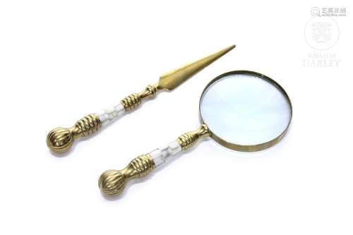 Bronze and mother-of-pearl magnifying glass and letter opene...