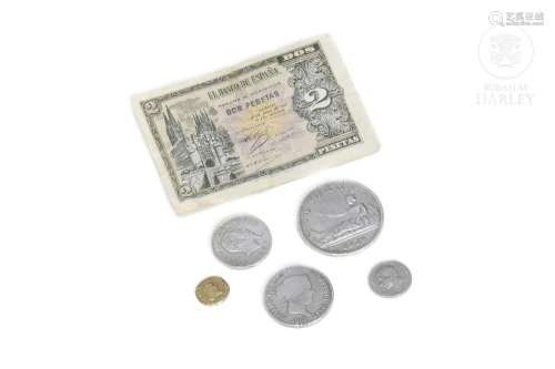 Lot of five coins and one note, 1751 - 1935.