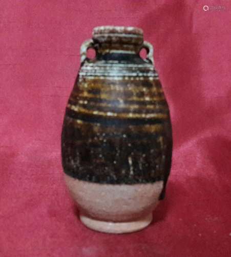 Antique Thai Sawankhalok Glazed Bottle Vase with Two Lugs