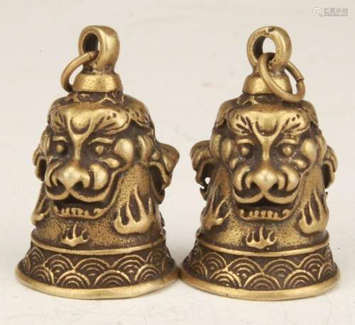 2PC CHINESE BRONZE HAND CARVING DRAGON SMALL BELL PENDANT CO...