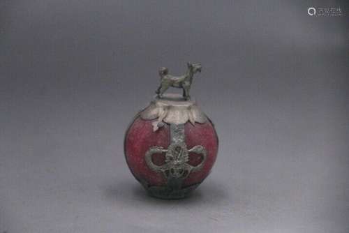 2"Collectable Red Jade Armor Tibetan Silver Hand-carve ...