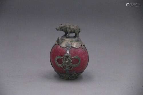 2.2"Collectable Red Jade Armor Tibetan Silver Hand-carv...