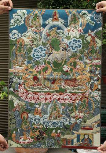 36" Tibet Buddhism Silk Cloth Green Tara Goddess Thangk...