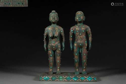 Two Bronze Partly Gilt Standing Figures
