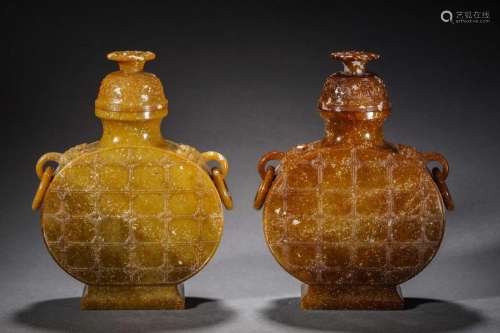 Pair Carved Jade Vases