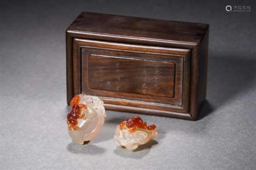 Two Carved Agate Carvings with Box
