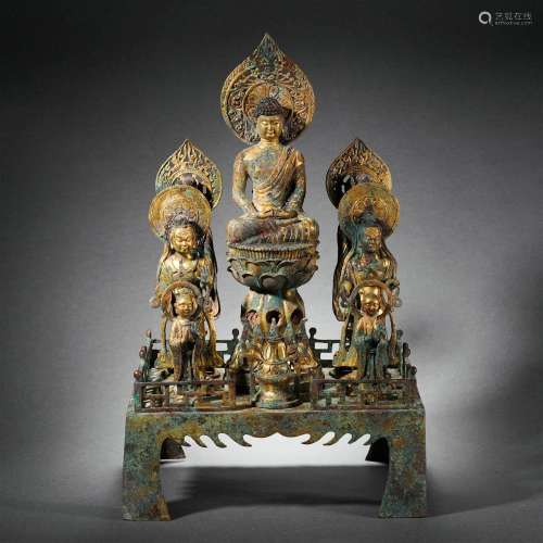 A Bronze-gilt Seated Shakyamuni with Acolytes