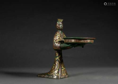 A Silver Inlaid Bronze Partly Gilt Standing Figure