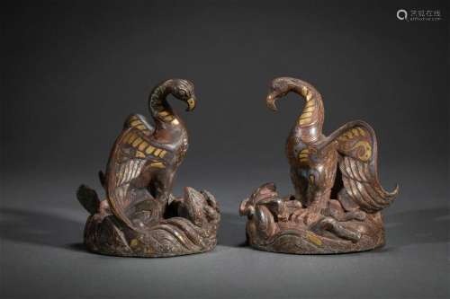 Pair Silver Inlaid Bronze Partly-gilt Birds