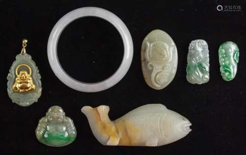 Lot of 7 Chinese Jade Bangles and Pendants