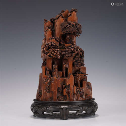 A CHINESE CARVED FIGURE STORY BOULDER BOXWOOD ORNAMENTS,QING