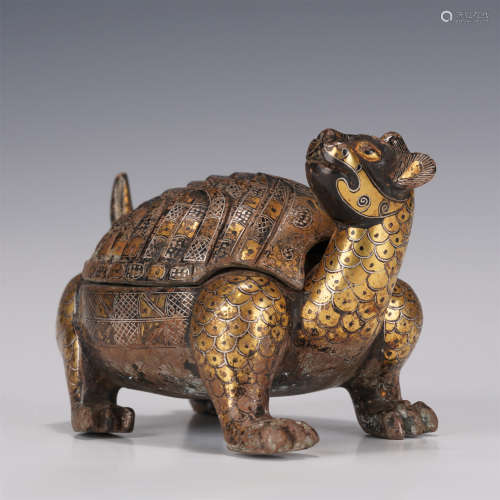 A CHINESE BRONZE INLAID GOLD FOO-DOG ORNAMENTS