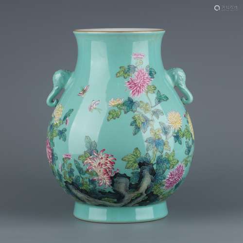 A YONGZHENG FAMILLE ROSE CELADON-GROUND PEAR-SHAPED VASE