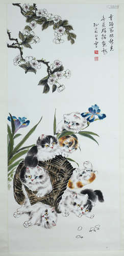 A CHINESE KITTIES PAINTING,SUNJVSHENG Mark