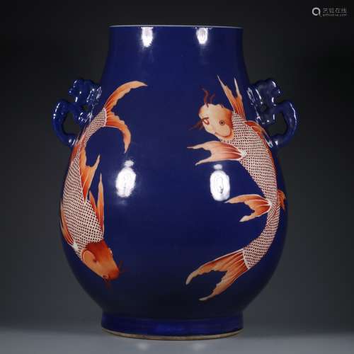 A  KANGXI BLUE-GLAZED WUCAI FISH VASE WITH TWO HANDLES