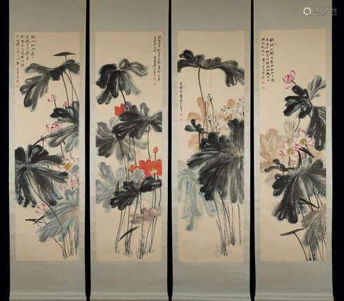 FOUR CHINESE FLOWER PAINTING ,ZHANGDAQIAN Mark