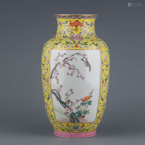 A  QIANLONG YELLOW GROUND FAMILLE ROSE BIRD BOTTLE VASE