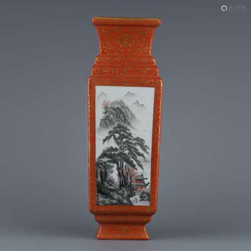 A  QIANLONG IRON-RED AND GRISAILLE-DECORATED SQUARE VASE