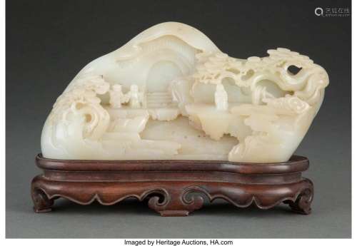 A Chinese Carved Jade Mountain on Wooden Stand Marks: four-c...