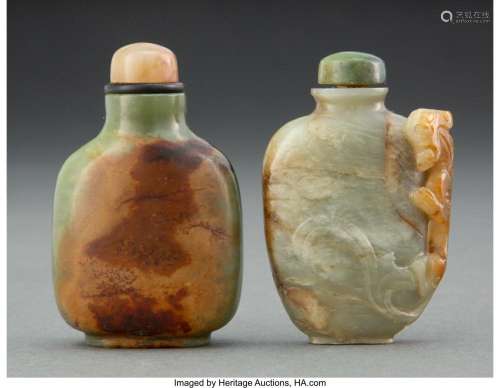 Two Chinese Carved Celadon and Russet Jade Snuff Bottles 3 x...