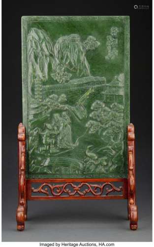 A Chinese Spinach Jade Table Screen 16-1/4 x 9 x 5 inches (4...