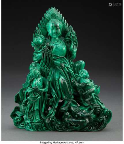 A Chinese Carved Malachite Figural Group 8 x 6-1/2 inches (2...