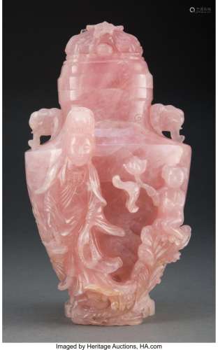 A Chinese Carved Rose Quartz Covered Vase 12 x 6-1/2 x 5-1/8...