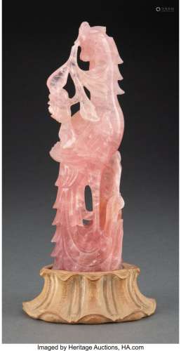 A Chinese Carved Rose Quartz Bird Figure on Wood Stand by He...