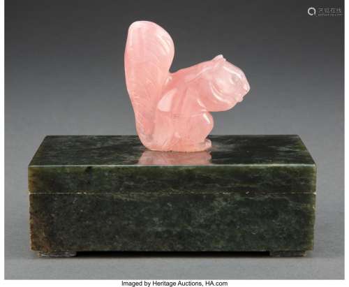 A Chinese Spinach Jade and Rose Quartz Covered Box 4-3/4 x 5...