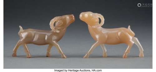 A Pair of Chinese Carved Agate Rams 2-3/4 x 3-3/4 x 1 inches...