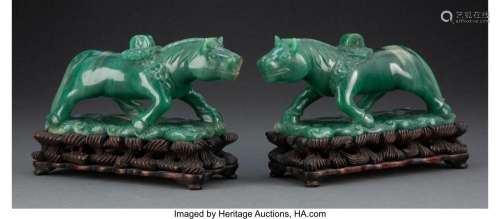 A Pair of Chinese Carved Aventurine Horse Figures with Fitte...