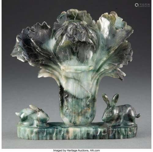 A Chinese Carved Jade Cabbage and Rabbits Figural Group 6-3/...