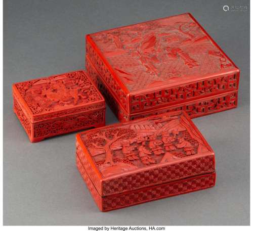 A Group of Three Chinese Cinnabar Lacquer Boxes 2-1/2 x 6-1/...