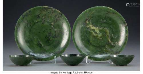 A Group of Five Spinach Jade Articles 5-1/2 inches (14.0 cm)...