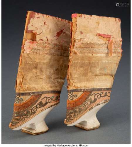 A Pair of Chinese Silk and Wood Foot Binding Shoes 6 x 4-1/4...