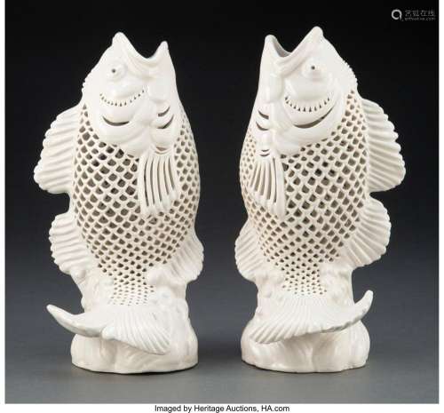 A Pair of Chinese Carved Porcelain Fish Figures Marks to one...